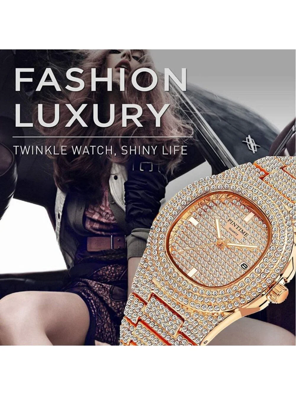 Unisex Rose Gold Crystal Diamond Stainless Steel Bracelet Band Wrist Watch